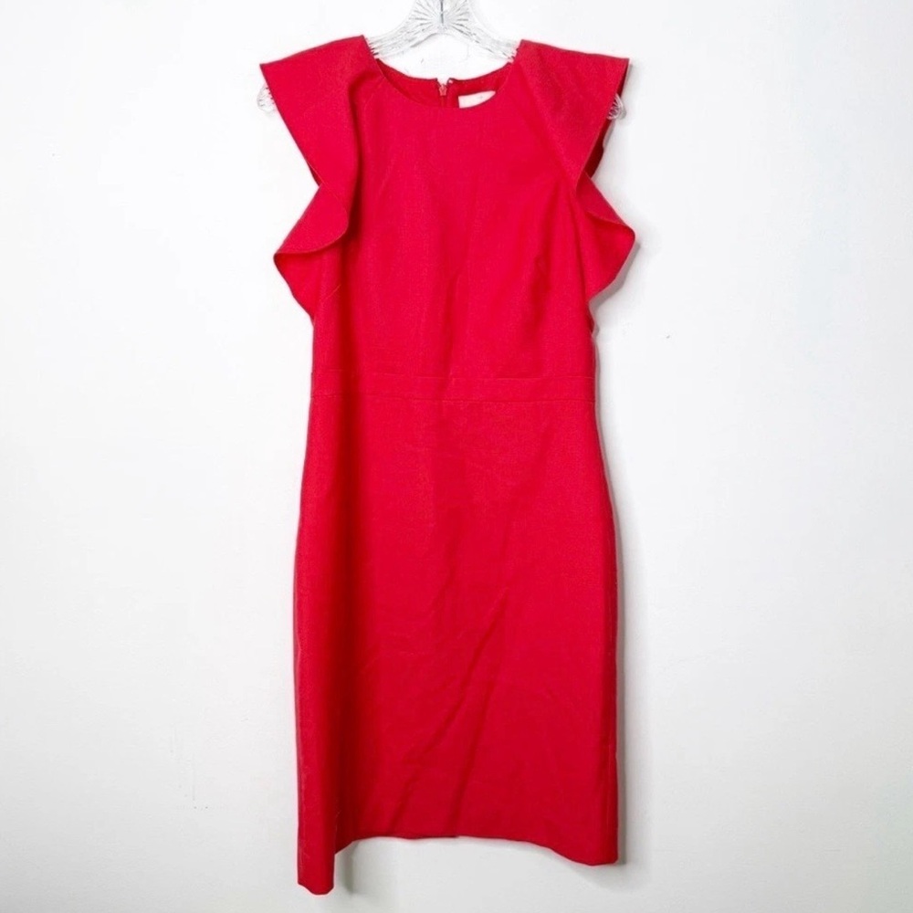 J. CREW Suiting Red Flutter Cap Sleeve in Warm Cerise Red Wool Dress Sz. 8 - Picture 2 of 5